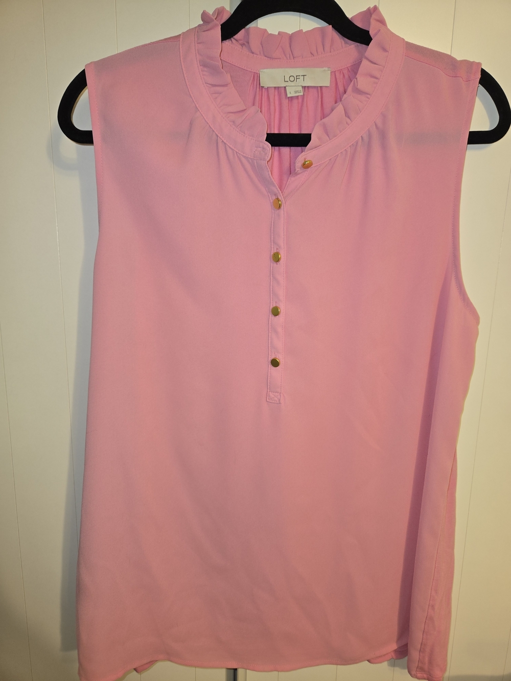 LOFT Pink Ruffle-Neck Sleeveless Top with Gold Buttons